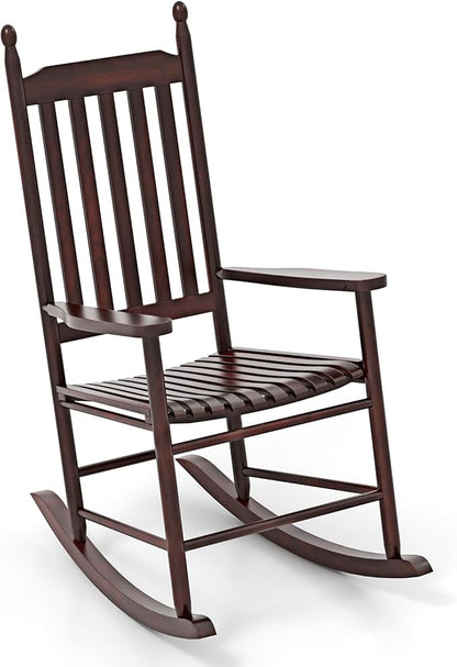 Giantex Outdoor Rocking Chair, All Weather Patio Rocker w/Solid Rocking Base & High-Back, Slatted Seat & Back, Acacia Wood Porch Rocker, Wooden Patio Rocking Chair for Backyard, Poolside