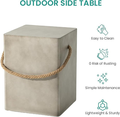 SUNBURY Outdoor Side Table, 18" H Concrete Side Table w Hemp Rope, End Table for Patio, Outdoor Coffee Table in Medium Gray, Garden Plant Stands