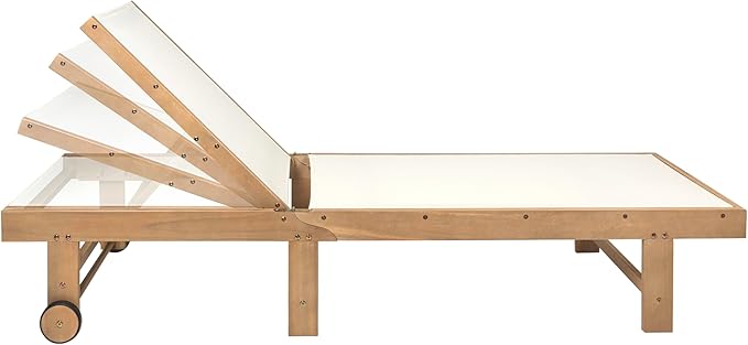JONATHAN Y Trabuco Coastal Modern Acacia Wood Mesh 5-Position Outdoor Foldable Chaise Lounge Set with Side Table, White/Light Teak