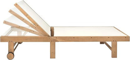 JONATHAN Y Trabuco Coastal Modern Acacia Wood Mesh 5-Position Outdoor Foldable Chaise Lounge Set with Side Table, White/Light Teak