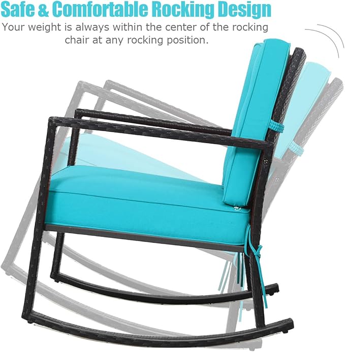 Tangkula Wicker Rocking Chair, Outdoor Glider Rattan Rocker Chair with Heavy-Duty Steel Frame, Patio Wicker Furniture Seat with 5” Thick Cushion for Garden, Porch, Backyard, Poolside (1, Turquoise)