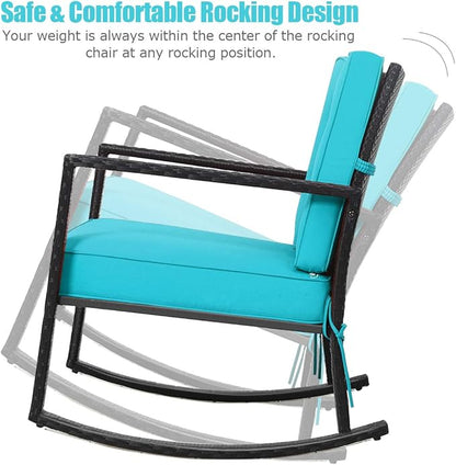 Tangkula Wicker Rocking Chair, Outdoor Glider Rattan Rocker Chair with Heavy-Duty Steel Frame, Patio Wicker Furniture Seat with 5” Thick Cushion for Garden, Porch, Backyard, Poolside (2, Turquoise)