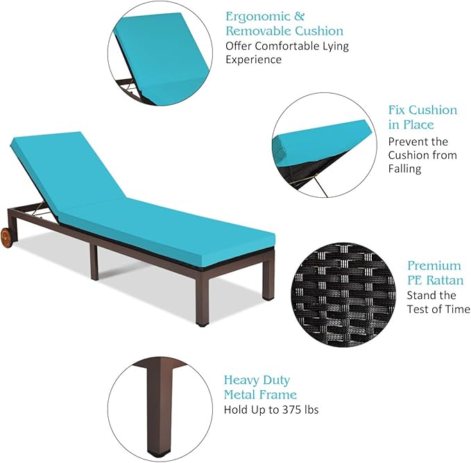DORTALA Outdoor Pool Chaise Lounge Chair, Metal Rattan Lounger Recliner Chair W/Wheels, Folding Wicker Chaise Chair W/Cushioned Seating, Turquoise