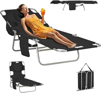 Folding Beach Lounge Chair with Face Hole and Arm Slots, 5-Level Adjustable Sun Lounger Tanning Chair with Pillow for Patio, Garden, Beach, Pool (Black)