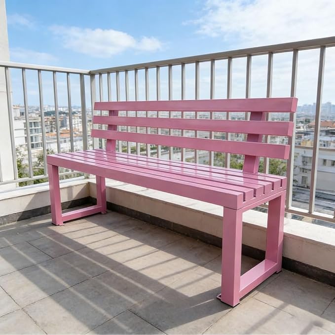 Metal Outdoor Bench with Simple Backrest, Modern Design Garden Bench, Multifunctional Front Porch Furniture, Benchs Seat for Garden, Patio，Park, Plant(Pink,180cm/70.9in)