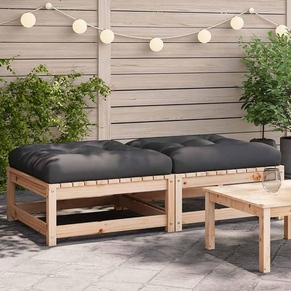Solid Pine Wood Rustic Patio Footstool Set with Cushions, Gray Natural Wood Finish - Photo 1