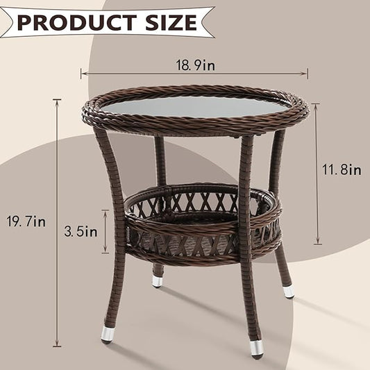 Outdoor Side Table Wicker Outdoor End Table for Patio Rattan Side Table for Outside Brown Patio Coffee Table with Storage & Glass Table Top Round for Backyard Porch