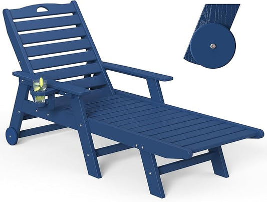 nalone HDPE Chaise Lounge Chair Outdoor with Wheels & Cup Holder, Pool Lounge Chairs with 5-Position Adjustable Backrest, Supports Up to 400 LBS for Patio Poolside Deck Beach Backyard (Navy Blue)