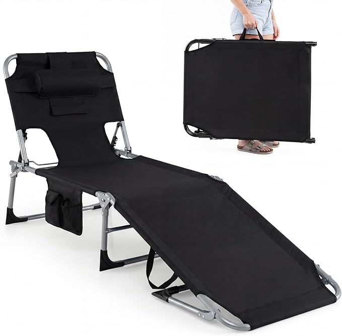 GYMAX Tanning Chair with Face Hole, Sun Bathing Lounge Chairs for Outside with Side Pocket - Photo 1