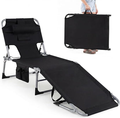 GYMAX Tanning Chair with Face Hole, Sun Bathing Lounge Chairs for Outside with Side Pocket, Folding Portable Face Down Layout Tanning Chair Beach, Backyard, Poolside, Lawn (Black,1)