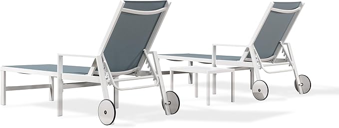 PURPLE LEAF Lounge Chair Outdoor Set 2 Pieces White Aluminum Chaise Lounge with Armrest and Wheels for Pool Deck Patio, Steel Blue