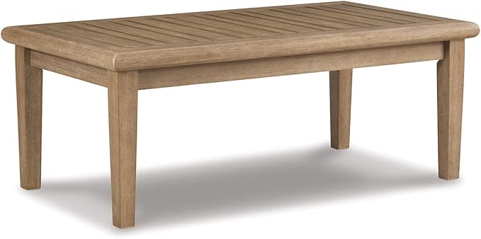 Signature Design by Ashley Gerianne Outdoor Coffee Table, Eucalyptus Wood With 5‑Step Protective Finish & Slatted Top for Rain Shedding, Durable for Outside Patio Use, Brown
