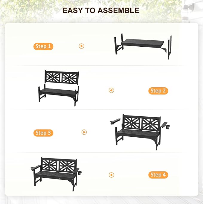 nalone Outdoor Bench with Cup Holders, HDPE All Weather Porch Bench Load up to 800 Lbs, 2-Person Garden Benches Rot-Proof Fade Proof for Patio, Porch, and Park (Black)
