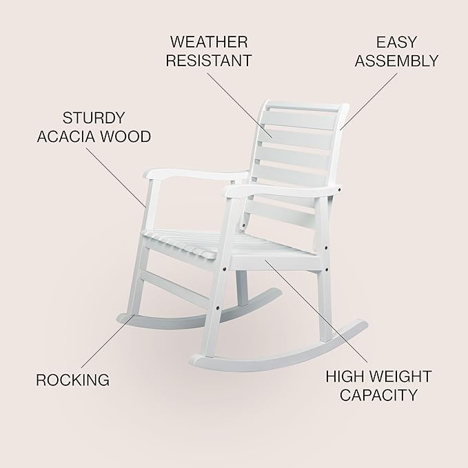 JONATHAN Y RCK101C Carey Modern Slat-Back 300-Lbs Support Acacia Wood Patio Outdoor Rocking Chair for Garden, Lawn, Backyard, Pool, Deck, Beach, Firepit, White