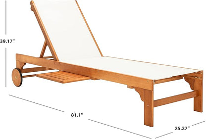 SAFAVIEH Outdoor Collection Ralden Natural Brown Solid Wood/Beige Fabric Adjustable Chaise Lounge Chair (PAT7070A)