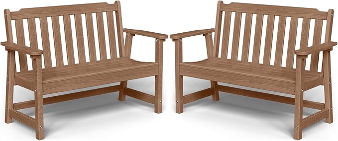 Outdoor Bench, 2-Person HDPE Garden Bench, All Weather Poly Patio Bench for Outdoors, Garden, Backyard, Porch and Park, 660 lbs Weight Capacity, Teak, 2 Pack