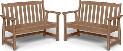 Outdoor Bench, 2-Person HDPE Garden Bench, All Weather Poly Patio Bench for Outdoors, Garden, Backyard, Porch and Park, 660 lbs Weight Capacity, Teak, 2 Pack
