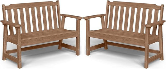 Outdoor Bench, 2-Person HDPE Garden Bench, All Weather Poly Patio Bench for Outdoors, Garden, Backyard, Porch and Park, 660 lbs Weight Capacity, Teak, 2 Pack