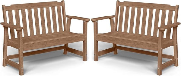 Outdoor Bench, 2-Person HDPE Garden Bench, All Weather Poly Patio Bench for Outdoors, Garden, Backyard, Porch and Park, 660 lbs Weight Capacity, Teak, 2 Pack