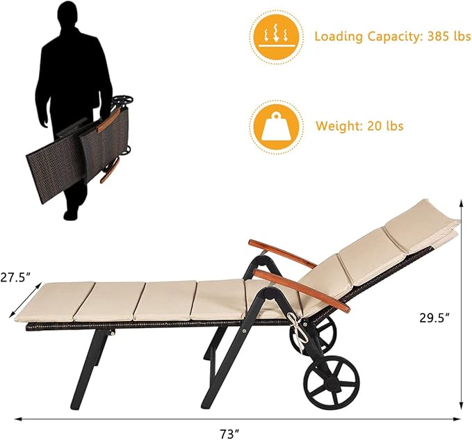 Tangkula Foldable Outdoor Chaise Lounger, Wicker Lounger Chair with Aluminum Black Frame, Wheels for Easy Moving - Photo 2
