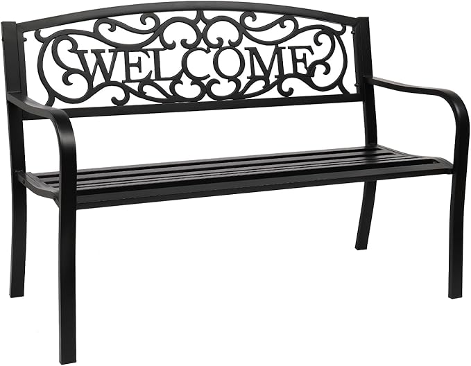 Outvita Outdoor Bench, 50" Metal Garden Bench Patio Park Furniture w/Warm Welcome Pattern & Plastic Backrest for Yard Entryway Deck Porch Black