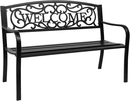 Outvita Outdoor Bench, 50" Metal Garden Bench Patio Park Furniture w/Warm Welcome Pattern & Plastic Backrest for Yard Entryway Deck Porch Black