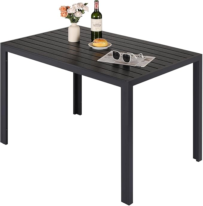 LIFERUN Outdoor Patio Table for 4-6 Person, 43×28in Rectangle Outdoor Dining Table with Wooden-Like Top and Aluminum Frame, Heat and Weather Resistant, Ideal for Garden, Patio, Poolside, Porch, Black