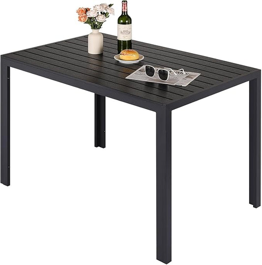 LIFERUN Outdoor Patio Table for 4-6 Person, 43×28in Rectangle Outdoor Dining Table with Wooden-Like Top and Aluminum Frame, Heat and Weather Resistant, Ideal for Garden, Patio, Poolside, Porch, Black