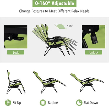 Tangkula Zero Gravity Chair, Folding Patio Lounge Chair Adjustable Outdoor Recliner with Cup Holder, Wide Armrest for Patio Garden Poolside Outdoor Yard Beach, Support 350 lbs (1, Green)