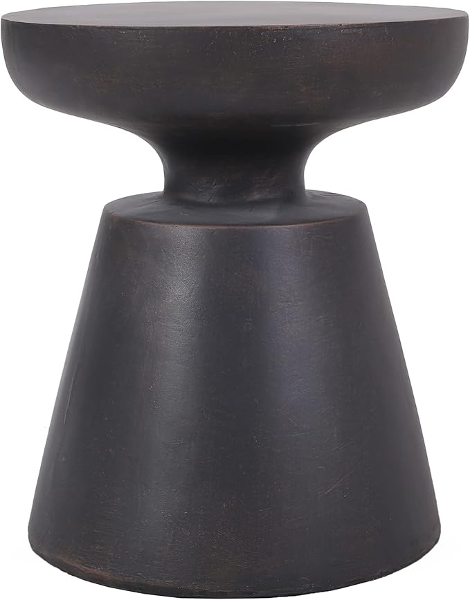 Outdoor Concrete Side Table Faux Stone End Table, Round Outdoor Accent Tables, Garden Stool Plant Stand for Porch, Backyard Patio Black