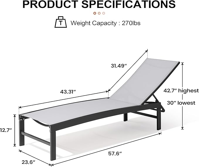 Crestlive Products Aluminum Adjustable Chaise Lounge Chair Outdoor Five-Position Recliner, Curved Design, All Weather for Patio, Beach, Yard, Pool (2 PCS Light Gray)