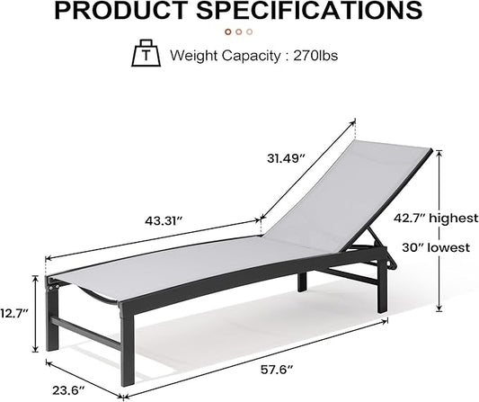 Crestlive Products Aluminum Adjustable Chaise Lounge Chair Outdoor Five-Position Recliner, Curved Design, All Weather for Patio, Beach, Yard, Pool (2 PCS Light Gray)