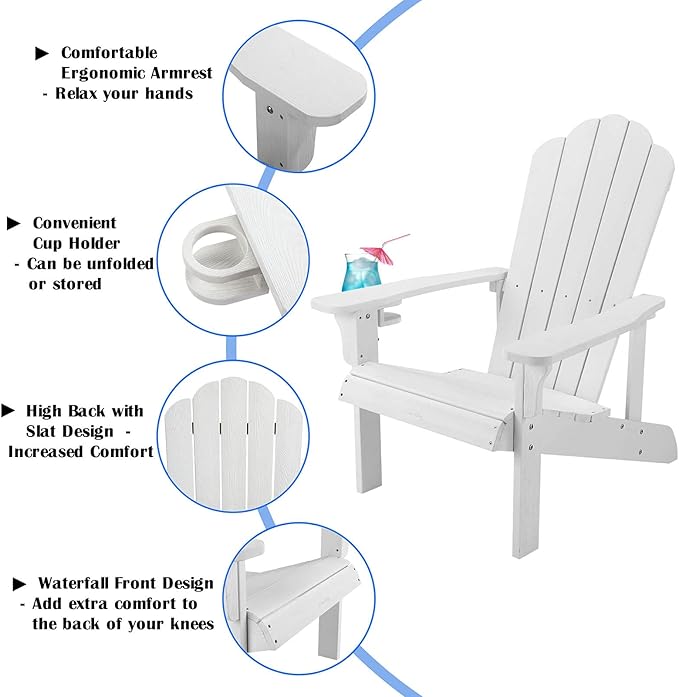 hOmeHua Adirondack Chair, HIPS Adirondack Chairs Weather Resistant with Cup Holder, Plastic Outdoor Chair for Patio, Backyard Deck, Fire Pit Lawn Porch (White)