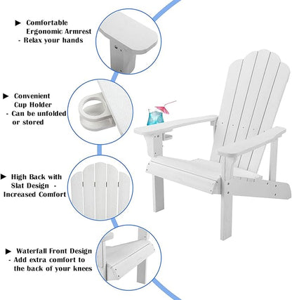 hOmeHua Adirondack Chair, HIPS Adirondack Chairs Weather Resistant with Cup Holder, Plastic Outdoor Chair for Patio, Backyard Deck, Fire Pit Lawn Porch (White)