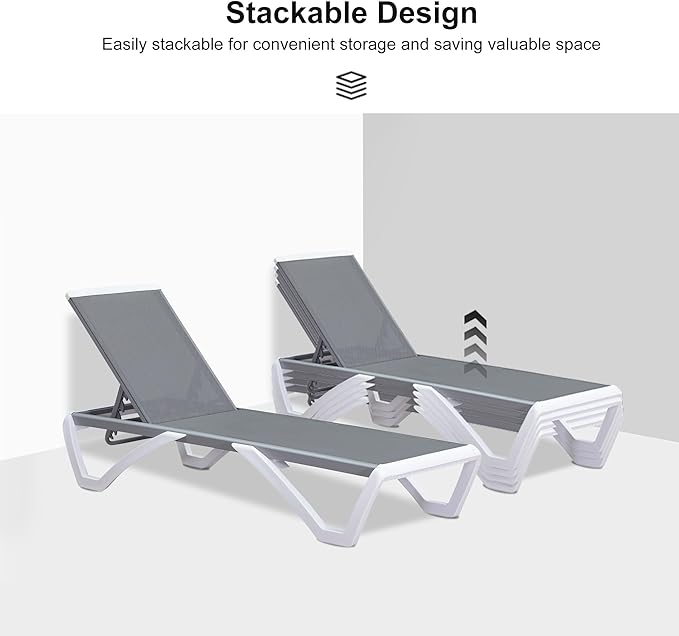 PURPLE LEAF Patio Chaise Lounge Chair Set of 3 Outside Aluminum Plastic Stackable Tanning Chairs for Pool Sunbathing Beach Deck Outdoor Lounger, Light Grey