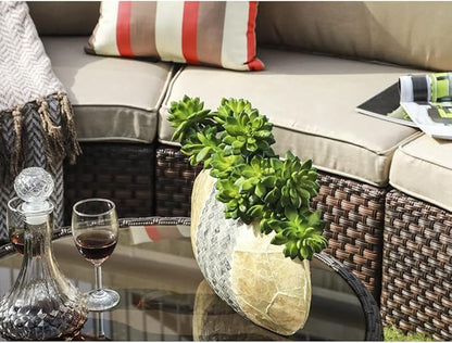 SUNSITT Round Outdoor Coffee Table with Tempered Glass Top, 28in Rattan PE Resin Wicker Patio Side Table, Brown
