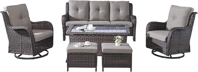 Rilyson Wicker Patio Furniture Set - 6 Piece Rattan Outdoor Sectional Conversation Sets with 2 Swivel Rocking Chairs - Photo 1