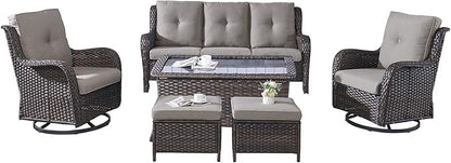 Rilyson Wicker Patio Furniture Set - 6 Piece Rattan Outdoor Sectional Conversation Sets with 2 Swivel Rocking Chairs,2 Ottomans,1 Sofa and 1 Coffee Table for Porch Deck Garden(Brown/Grey)
