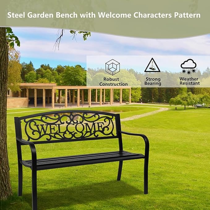 NOLLAM 50" Outdoor Welcome Backrest Cast Bench Garden Bench Patio Park Bench Metal Loveseat Chairs Antique Finish Park Chair Load Bearing: 750 LBS Outdoor Yard Furniture for Patio Park Lawn Yard