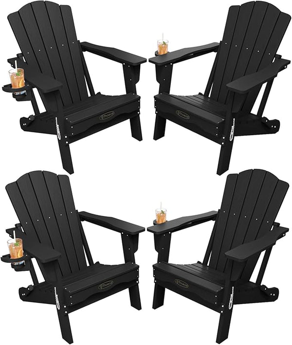 Folding Adirondack Chair Set of 4, HDPE All-Weather Outdoor Chair with Cup Holder, Wooden Textured, Fire Pit Chair - Photo 1
