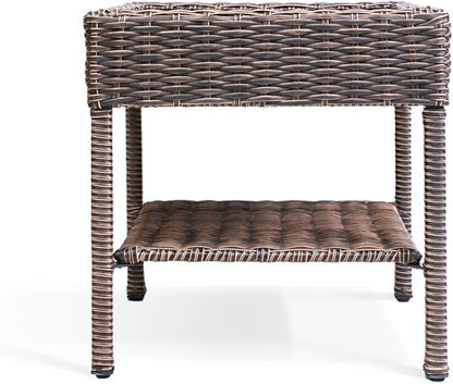 Cambridge Outdoor Wicker Side Table, 2-Tier All-Weather HDPE Rattan Patio End Table with HIPS Tabletop and Storage Shelf, Brown