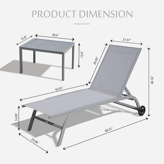 Domi Chaise Lounge Outdoor Set of 3, Lounge Chairs for Outside with Wheels, Outdoor Chaise Lounge with 5 Adjustable Position, Pool Lounge Chairs for Patio, Beach, Yard, Deck, Poolside, Grey