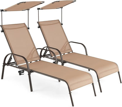Giantex Patio Chaise Lounge Chair - Outdoor Beach Chair with Adjustable Canopy, Cupholder, 5-Level Backrest, Metal Frame Sunbathing Lounger for Outside, Poolside, Yard, Lawn Tanning Chair (2, Brown)