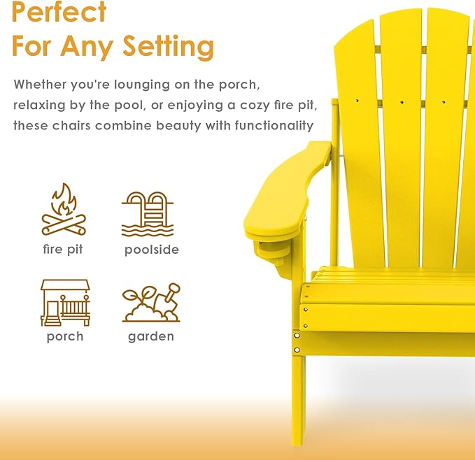 IVY&LANE Folding-Adirondack-Chairs-Set-of-4 | HDPE Plastic | Outdoor Fire Pit Chair with Cup Holder | Yellow | Poly | Weather Resistant | for Patio Deck Poolside Garden Beach