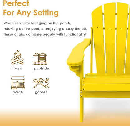 IVY&LANE Folding-Adirondack-Chairs-Set-of-4 | HDPE Plastic | Outdoor Fire Pit Chair with Cup Holder | Yellow | Poly | Weather Resistant | for Patio Deck Poolside Garden Beach