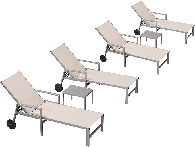 PURPLE LEAF Patio Chaise Lounge Set for 4 Outdoor Pool Lounge Chairs with Armrest and Adjustable Backrest Aluminum Reclining Sunbathing Tanning Chair for Outside Poolside Yard Balcony, Khaki
