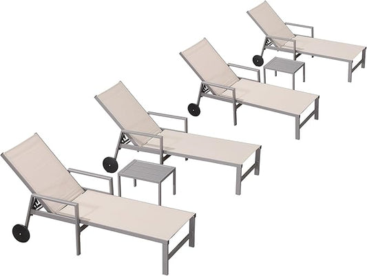 PURPLE LEAF Patio Chaise Lounge Set for 4 Outdoor Pool Lounge Chairs with Armrest and Adjustable Backrest Aluminum Reclining Sunbathing Tanning Chair for Outside Poolside Yard Balcony, Khaki