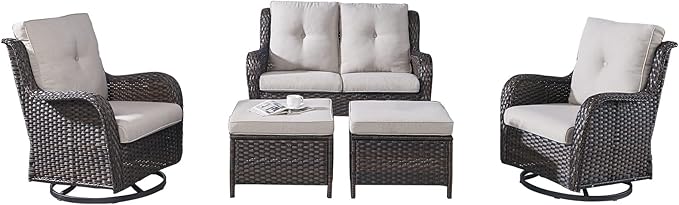 Rilyson Wicker Patio Furniture Set - 5 Piece Rattan Outdoor Sectional Conversation Sets with 2 Rocking Swivel Chairs - Photo 1