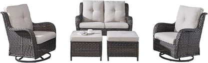 Rilyson Wicker Patio Furniture Set - 5 Piece Rattan Outdoor Sectional Conversation Sets with 2 Rocking Swivel Chairs,2 Ottomans and 1 Loveseat for Porch Deck Garden(Brown/Beige)