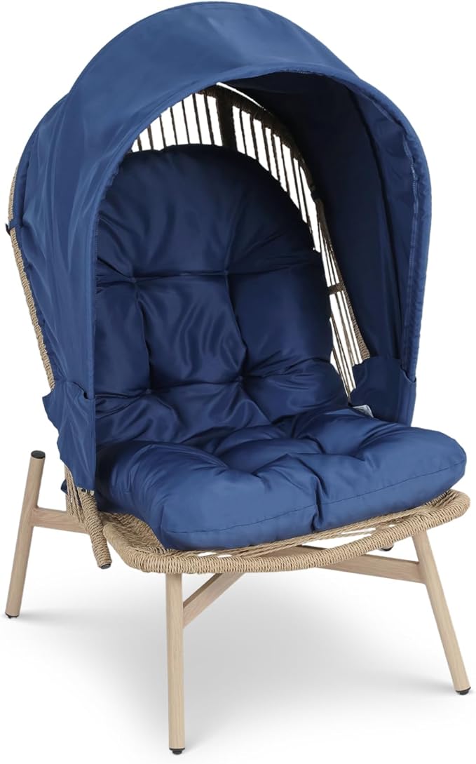 Athena Collection Patio Wicker Egg Chair with Folding Canopy, All-Weather Rattan Patio Lounge Chair with Sun Shade, Balcony Furniture Outside Seating for Front Porch, Garden, Poolside, Outdoor, Blue